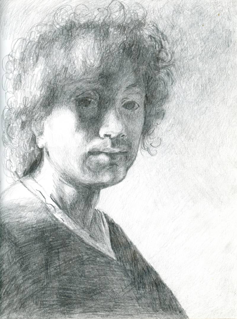 Study of Rembrandt Self Portrait - 1984; graphite sketch. Study of Rembrandt Self Portrait