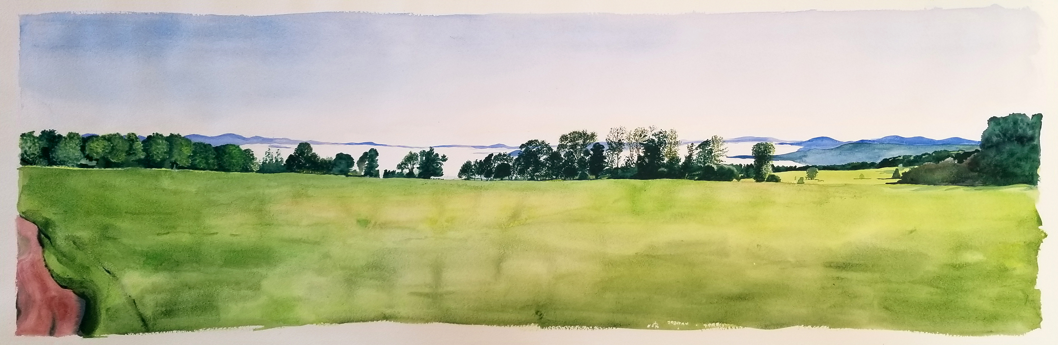 Watercolor -Morning Mist in the Valley, Upper Rd. Plainfield, VT. August 3rd, 2023