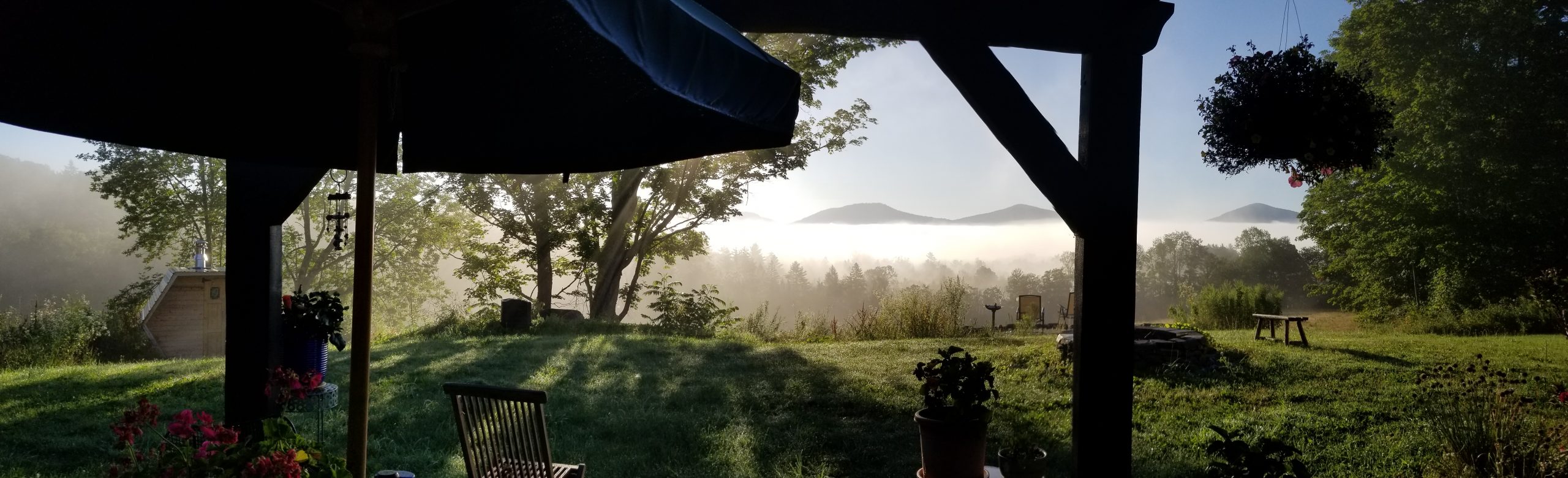 Mist Panorama, August 3rd, 2022, 6:49AM, Marshfield, VT, photograph by Lisa Hoag.