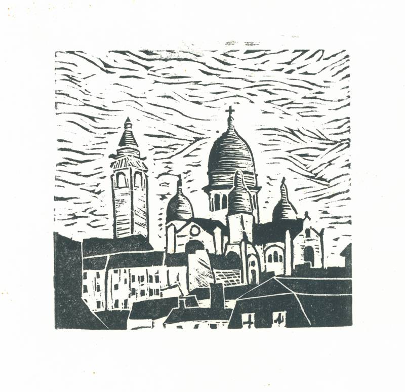 Sacré Coeur, Montmartre - 1985, 6.5 x 6.5 linocut print on rice paper.