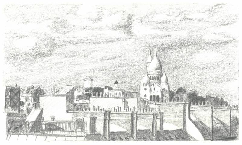 Sacré Coeur, Montmartre sketch., 1985, 7"h x 12"w, graphite sketch